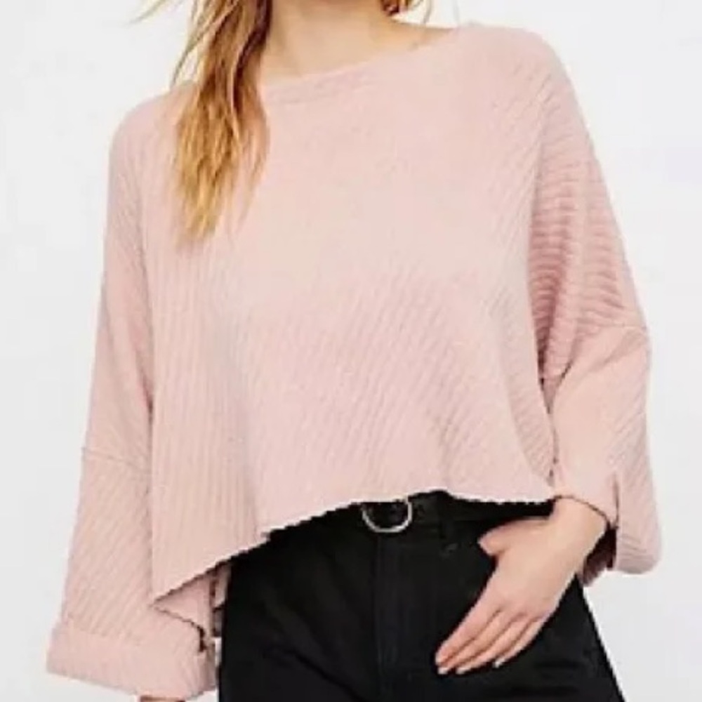 Free People Blush Pink Ribbed Boxy Crewneck Sweater
